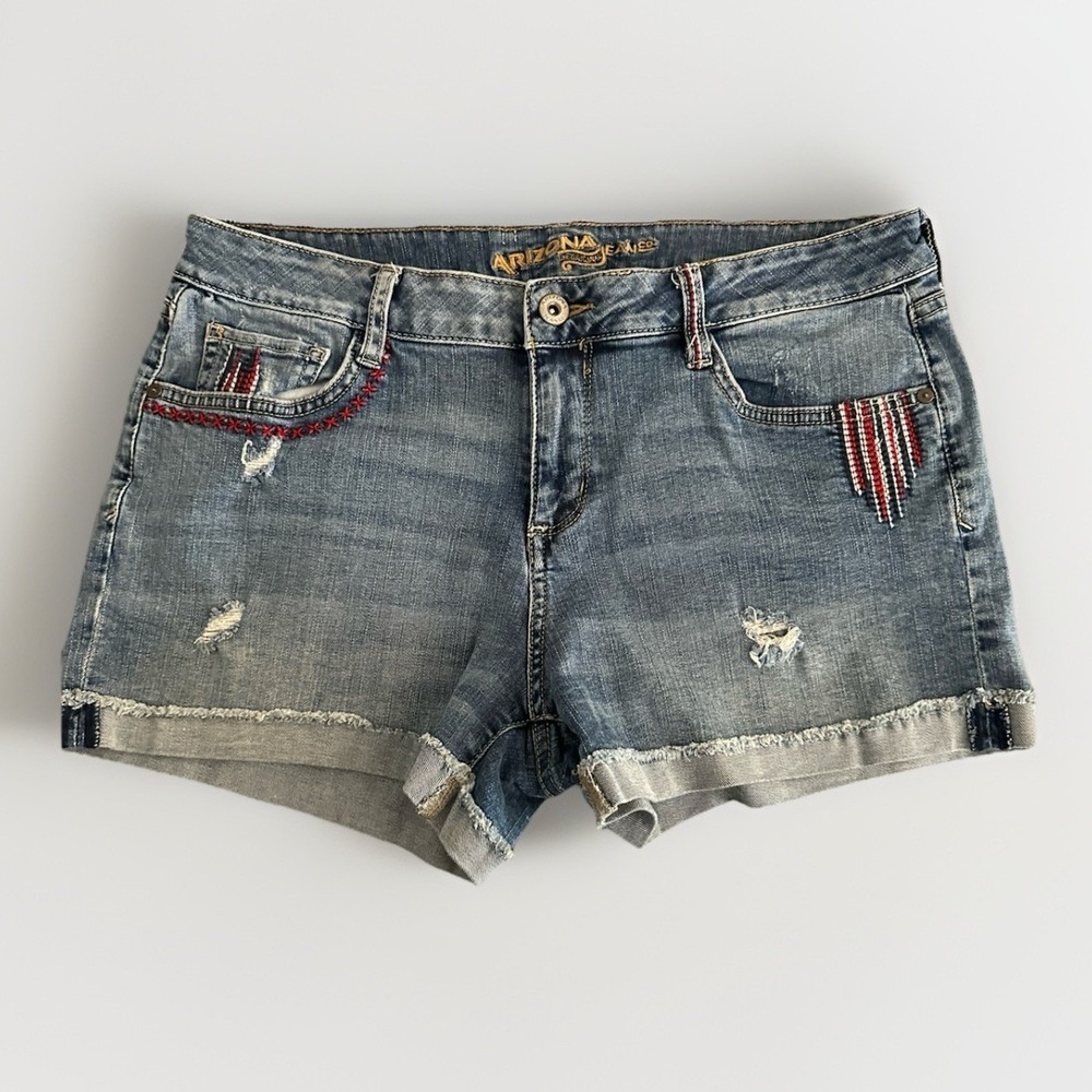 Y2K Patriotic Denim Shorts Womens 13 Americana Festival Cowgirl Raw Hem‎